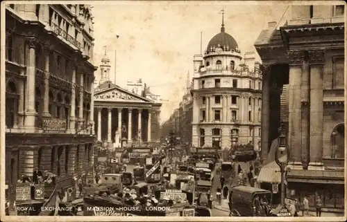 Ak London City England, Royal Exchange and Mansion House