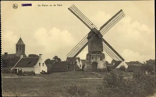 Ak Knokke Heist Westflandern, De Molen en de Kerk, Windmühle, Kirche