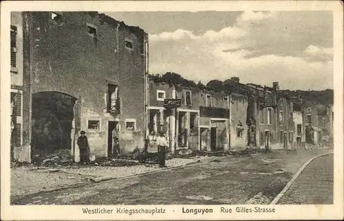 Ak Longuyon Meurthe et Moselle, Rue Gilles-Straße, Kriegszerstörungen, I. WK