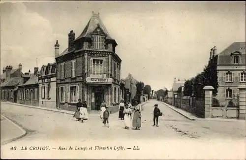 Ak Le Crotoy Somme, Rues de Lesseps et Florentin Lefils, Restaurant