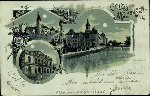 Mondschein Litho Mulhouse Mülhausen Elsass Haut Rhin, Post, Rhein Rhone Canal, Theater, Bollwerk