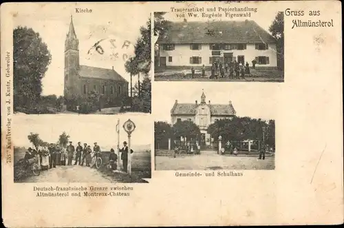 Ak Montreux Vieux Altmünsterol Elsass Haut Rhin, Trauerartikel und Papierhandlung, Kirche, Schulhaus