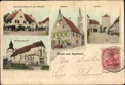 Ak Dambach la Ville Dammbach Elsass Bas Rhin, Spezereienhandlung, Rathaus, Obertor, Kapelle