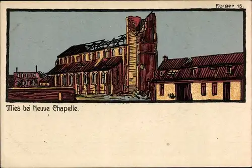 Künstler Ak Luger, F., Mies bei Neuve Chapelle Pas de Calais, Zerstörte Kirche, Kriegszerstörungen