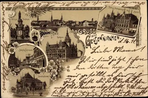 Litho Gelsenkirchen im Ruhrgebiet, Bahnhofstraße, Landratsamt, Rathaus, Post, Amtsgericht, Denkmal