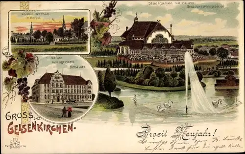 Litho Gelsenkirchen im Ruhrgebiet, Amtsgericht, Stadtgarten, Restaurationsgebäude