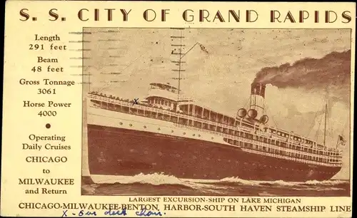 Ak Dampfer SS City of Grand Rapids, excursion ship on Lake Michigan