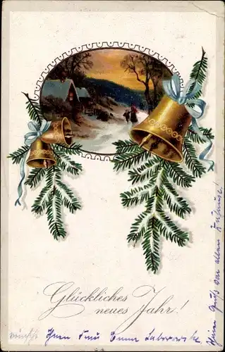 Ak Glückwunsch Neujahr, Winterlandschaft, Glocken