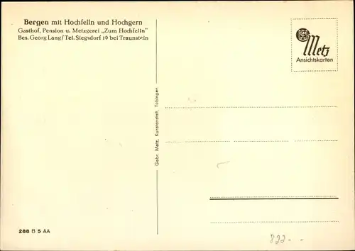 Ak Bergen im Chiemgau Oberbayern, Gasthof Pension Metzgerei Zum Hochfelln, Hochgern