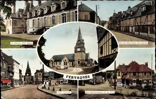 Ak Fervaques Calvados, Le Chateau, L'Eglise, Place Centrale, Rue du Notre Dame de Courson