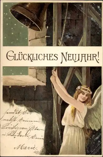 Litho Glückwunsch Neujahr, Engel läutet die Kirchturmglocke