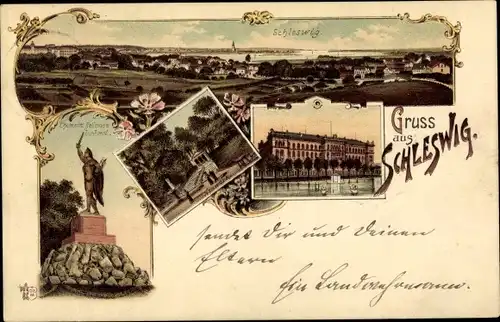 Litho Schleswig an der Schlei, Regierungsgebäude, Chemnitz Bellmann Denkmal, Neuwerk