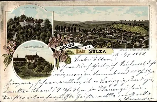 Litho Bad Sulza in Thüringen, Schloss Bergsulza, Kurhaus, Blick auf den Ort