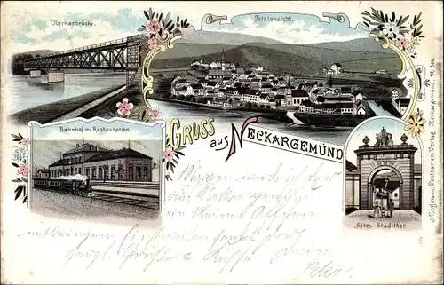 Litho Neckargemünd am Neckar, Bahnhof, Restauration, Neckarbrücke, Totalansicht, Altes Stadttor