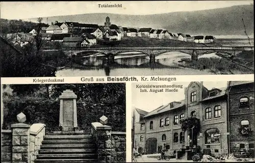 Ak Beiseförth Malsfeld in Hessen, Kriegerdenkmal, Totalansicht, Kolonialwarenhandlung