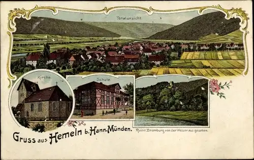 Ak Hemeln Hann. Münden in Niedersachsen, Kirche, Schule, Ruine Bramburg, Totalansicht