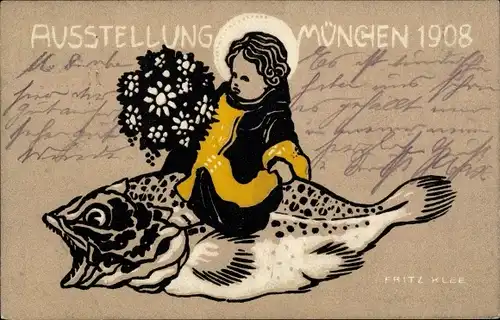 Ganzsachen Künstler Ak Klee, Fritz, Ausstellung München 1908, Kindl mit Blumenstrauß auf einem Fisch