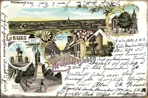 Litho Neuhaldensleben Haldensleben Börde, Roland, Magdeburger Straße, Pulverturm, Kriegerdenkmal