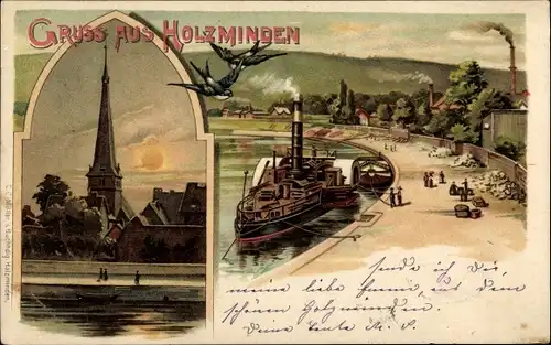 Litho Holzminden im Weserbergland, Salondampfer am Ufer, Kirchturm