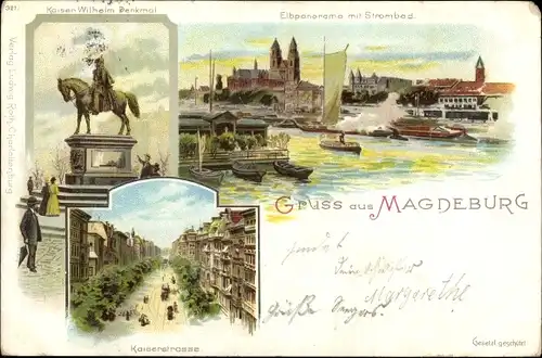 Litho Magdeburg Sachsen Anhalt, Kaiserstraße, Kaiser Wilhelm Straße, Elbpanorama, Strombad