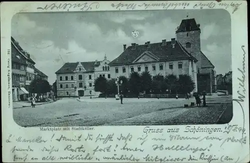 Mondschein Ak Schöningen in Niedersachsen, Marktplatz mit Stadtkeller