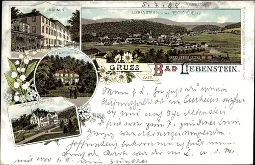 Litho Bad Liebenstein im Thüringer Wald, Kurhaus, Villa Feodora, Blick von der Reichshöhe, Schloss