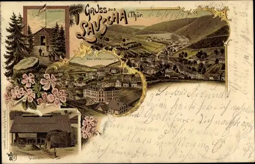 Litho Lauscha in Thüringen, Schule und Tierberg, Glashütte, Blick auf den Ort