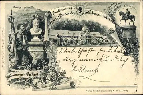 Ak Coburg in Oberfranken, Kreisturnfest, 21 bis 23 Juli 1900, Turnvater Jahn,Denkmal Herzog Ernst II