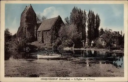 Ak Criqueboeuf Calvados, Église et l' Etang, Boot