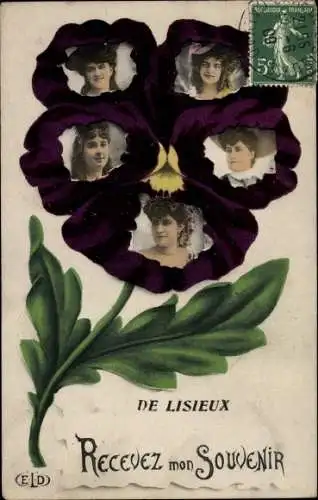 Ak Lisieux Calvados, Frauenportraits, Stiefmütterchen, Souvenir
