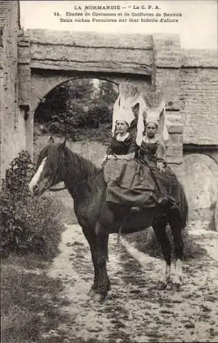 Ak Bayeux Calvados, Etudes de Costumes et de Coiffures, Frauen in Tracht, Pferd