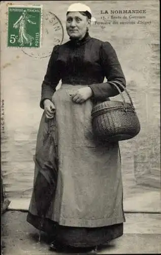 Ak Isigny Calvados, Etude de Costumes, Frau in Tracht, Korb