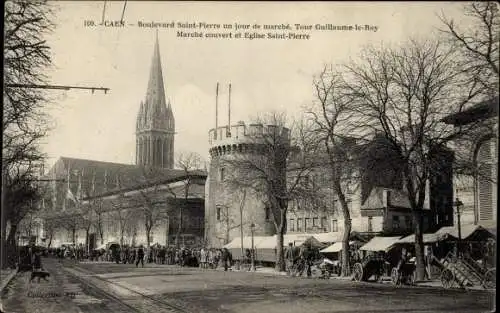 Ak Caen Calvados, Boulevard Saint Pierre un jour de marche, Tour Guillaume le Roy