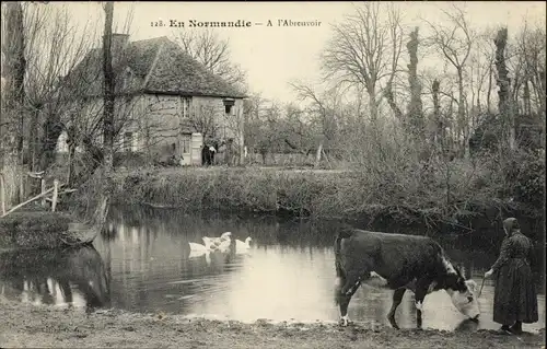 Ak Calvados Frankreich, En Normandie, L'Abreuvoir, Kuh, Bauernhof