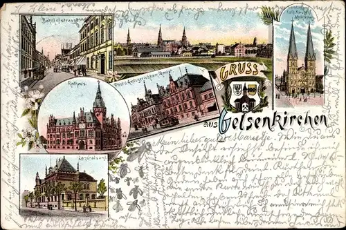 Litho Gelsenkirchen im Ruhrgebiet, Kaisergarten, Amtsgericht, Bahnhofstraße, Wappen