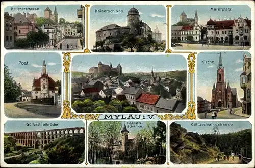 Ak Mylau im Vogtland, Gasthof Felsenschänke, Schloss, Göltzschtalbrücke