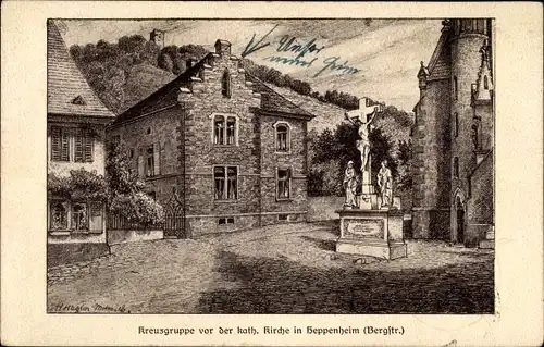 Künstler Ak Haglon, H., Heppenheim an der Bergstraße, Kreuzgruppe vor der katholischen Kirche