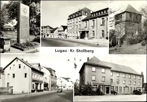 Ak Lugau Kreis Stollberg, Denkmal, Klubhaus Karl Liebknecht, Glockenturm, Bücherei, Sparkasse