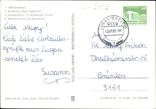 Ak Lugau Kreis Stollberg, Denkmal, Klubhaus Karl Liebknecht, Glockenturm, Bücherei, Sparkasse