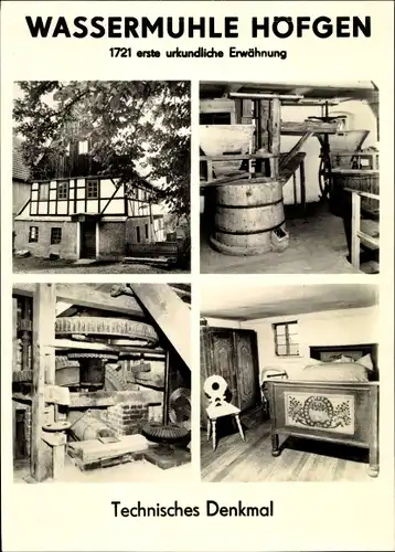 Ak Höfgen Grimma in Sachsen, Wassermühle, Aussen- und Innenansicht, Technisches Denkmal