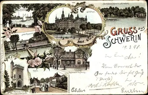 Litho Schwerin in Mecklenburg, Bootshaus, Schloss, Fähre, Hotel Zippendorf, Restaurant zu Muess