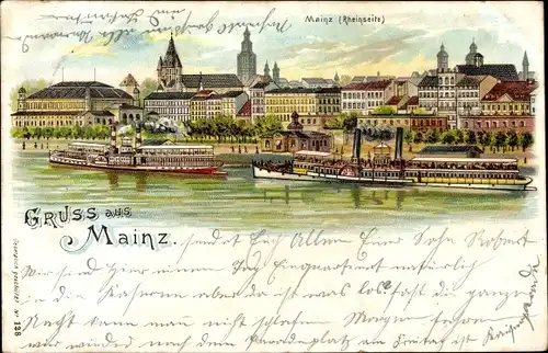 Litho  Mainz am Rhein, Panorama, Rheinseite