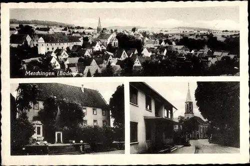 Ak Merchingen in Baden, Blick auf Stadt und Kirche, Straßenpartie