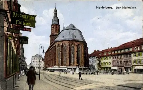 Ak Heidelberg am Neckar, Partie auf dem Marktplatz, Restauration zum Falken, Friseur