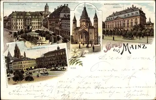 Litho Mainz am Rhein, Großherzgl. Schloss, Gutenbergplatz, Schillerplatz, Dom, Oststeite