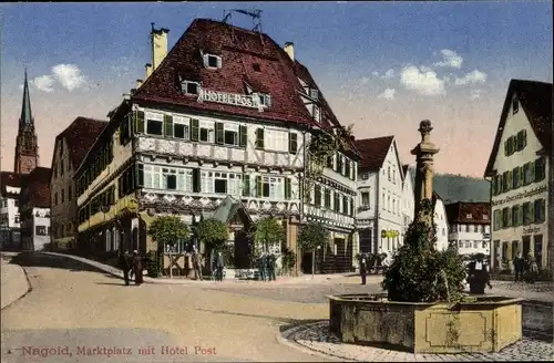 Ak Nagold im Schwarzwald, Markt, Hotel Post, Brunnen