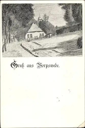 Ak Worpswede in Niedersachsen, Teilansicht Ortschaft, Bauernhaus, Kirchturm