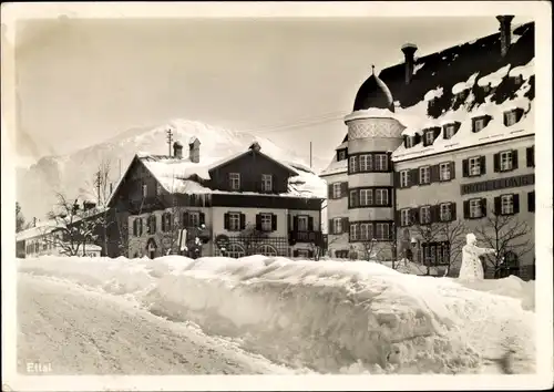 Ak Ettal Oberbayern, Hotel Ludwig der Bayer, Winter, Schneemann