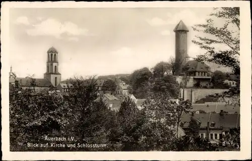 Ak Auerbach im Vogtland, Kirche und Schlossturm