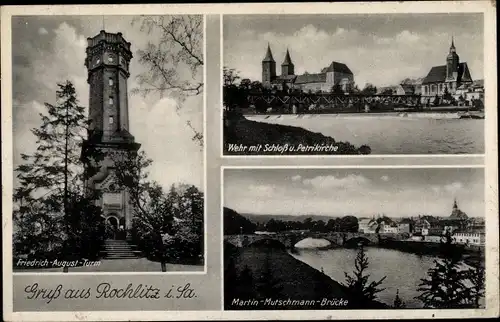 Ak Rochlitz an der Mulde, Friedrich August Turm, Wehr mit Schloss und Petrikirche, Muschmann Brücke